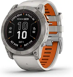 Garmin, fenix 7 Pro Sapphire Solar, Watch, Watch Color: Titanium, Wristband: Fog Grey/ Ember Orange - Silicone